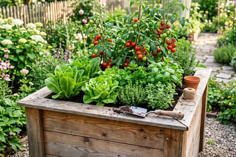 Hölzernes Hochbeet voller Gemüse im Garten