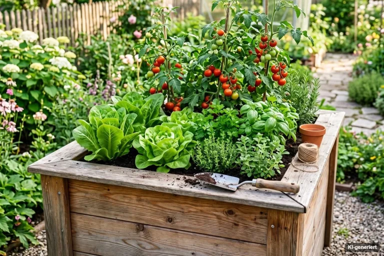Hölzernes Hochbeet voller Gemüse im Garten