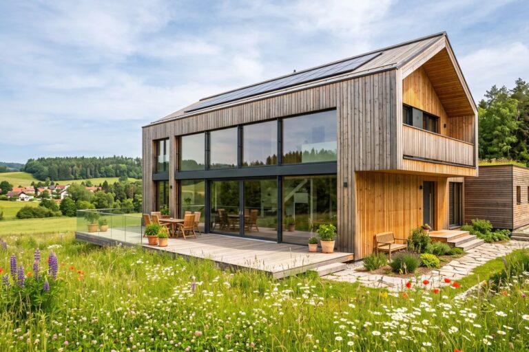 Modernes Holzhaus mit Lärchenfassade auf einer Blumenwiese
