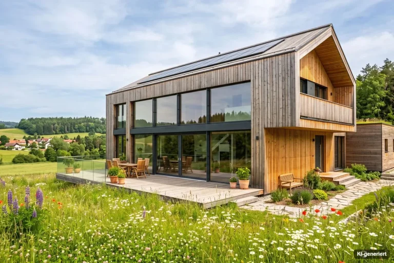 Modernes Holzhaus mit Lärchenfassade auf einer Blumenwiese