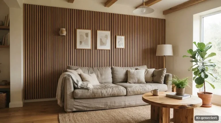 Wohnzimmerwand mit Holzlamellen-Akustikpaneelen in Eiche und Sofa davor