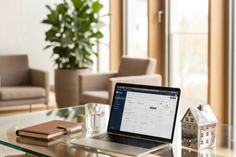 Heller Arbeitsplatz mit Laptop und Pflanze vor großen Fenstern