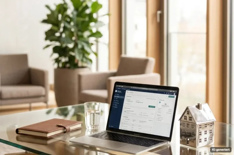 Heller Arbeitsplatz mit Laptop und Pflanze vor großen Fenstern