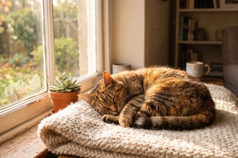 Katze schläft auf einer Strickdecke am Fenster