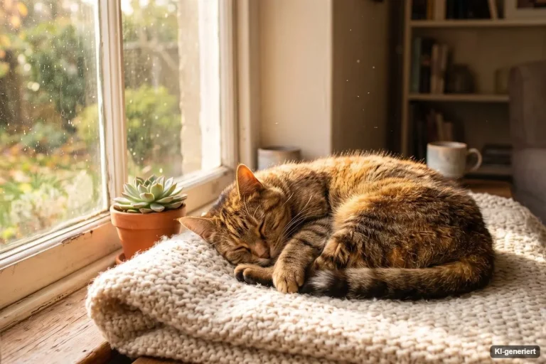 Katze schläft auf einer Strickdecke am Fenster