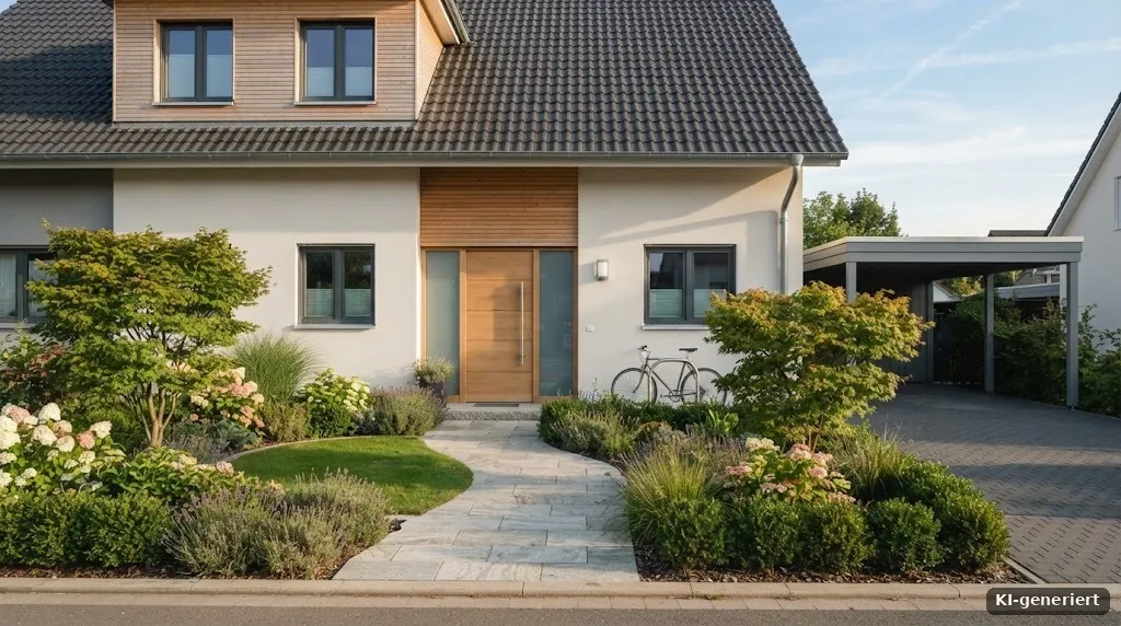 Frisch renoviertes Einfamilienhaus mit neuer Haustür und gepflegtem Vorgarten