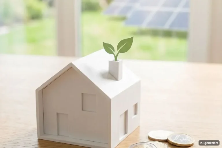 Hausmodell mit Münzen und kleiner Pflanze auf einem Tisch