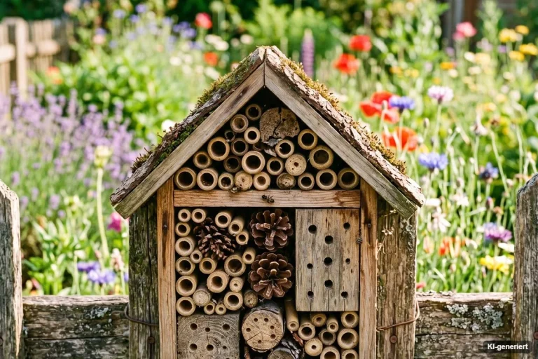 Selbstgebautes Insektenhotel zwischen Wildblumen