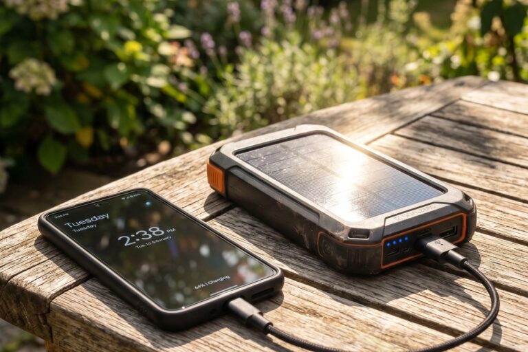 Kleines Solar-Ladegerät mit Smartphone auf einem Holztisch im Garten