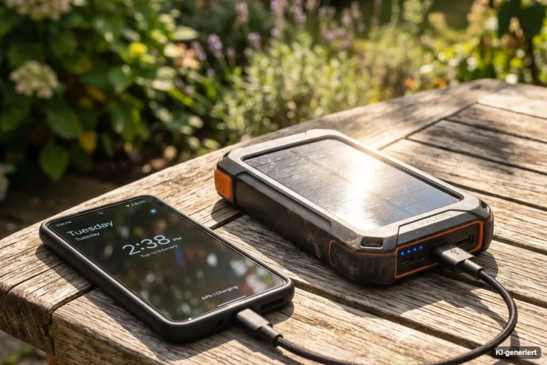 Kleines Solar-Ladegerät mit Smartphone auf einem Holztisch im Garten