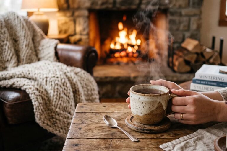 Brennender Kamin mit Tasse Tee und Strickdecke