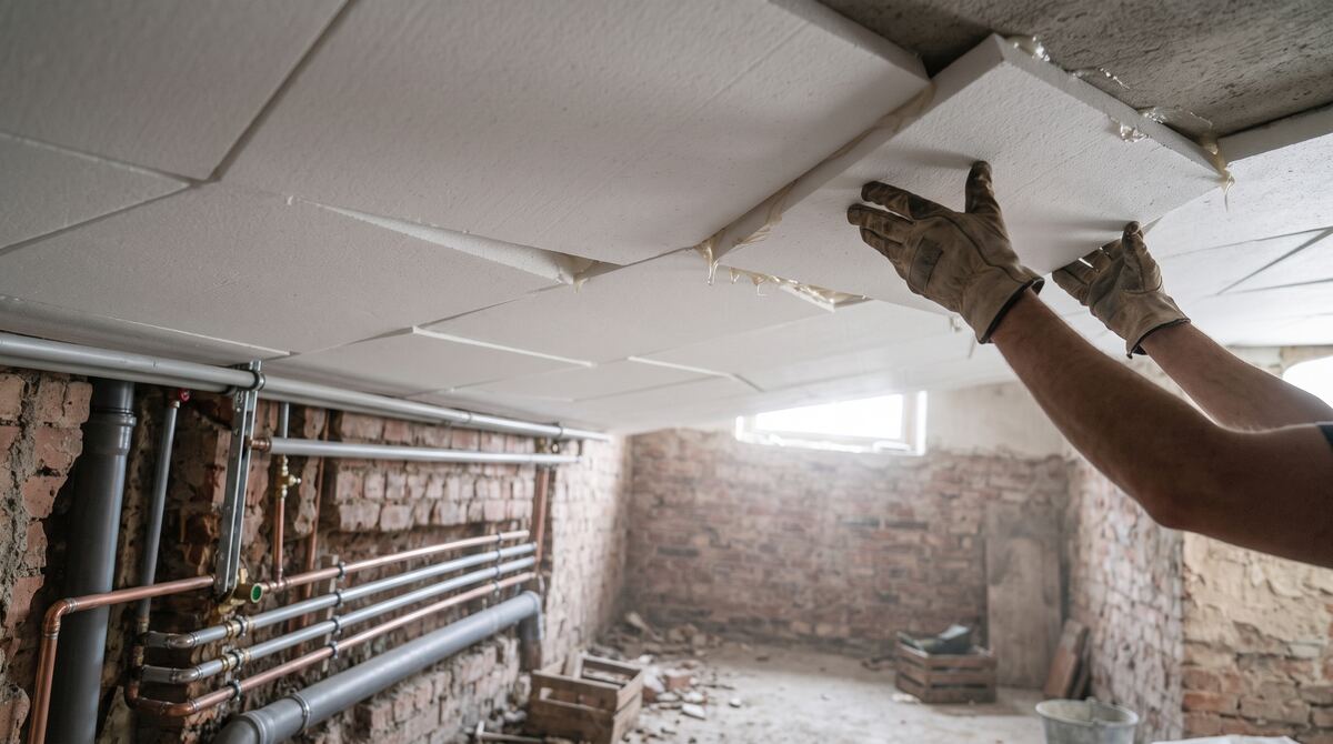 Weiße Dämmplatten werden dicht an dicht an eine Kellerdecke geklebt
