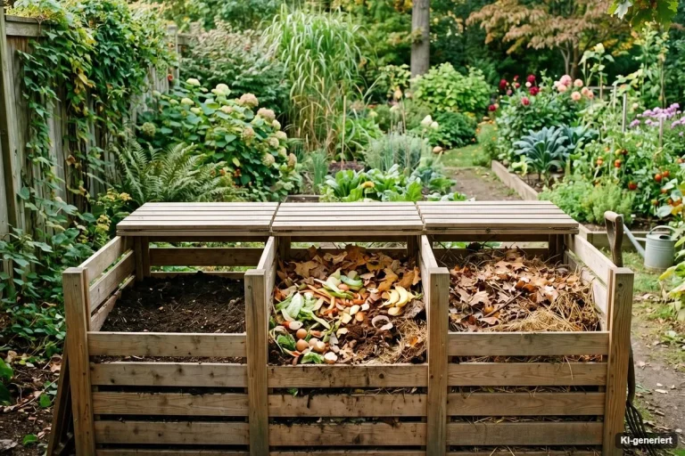 Dreiteiliger Holzkomposter im naturnahen Garten