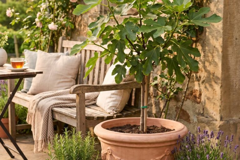 Feigenbaum und Kräuter in Terrakottatöpfen auf einer Terrasse