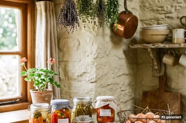 Gemütliche Landhausküche mit Natursteinwand, Kräutern und Einmachgläsern
