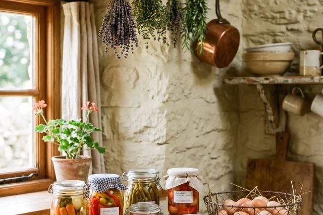 Gemütliche Landhausküche mit Natursteinwand, Kräutern und Einmachgläsern