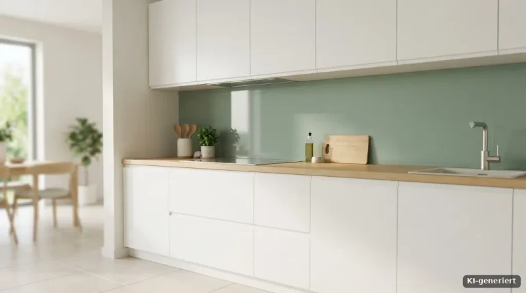 Helle Küche mit neuer Küchenrückwand aus Glas in Salbeigrün über der Arbeitsplatte