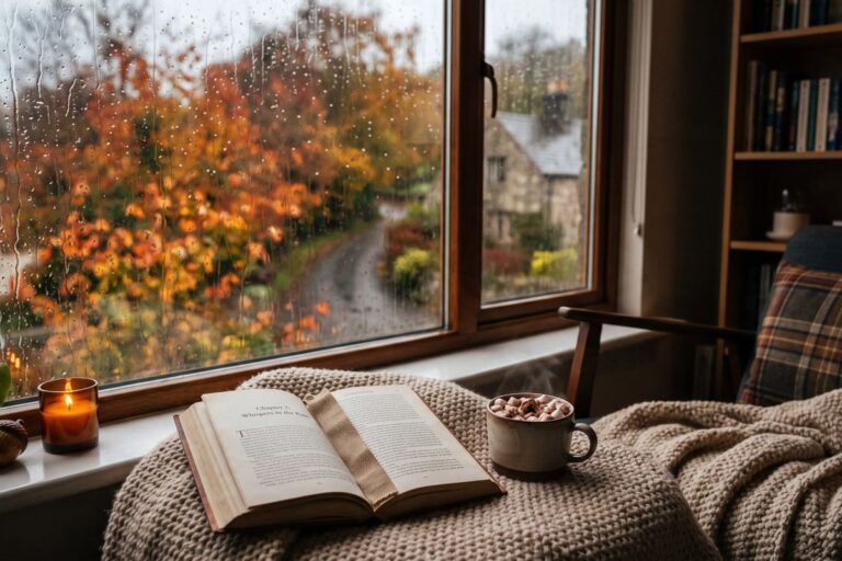 Leseecke am Fenster mit Buch, Kissen und Kerze