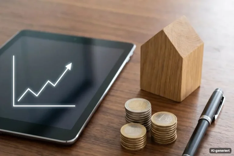 Tablet mit Diagramm, Hausmodell und Münzen auf einem Holztisch