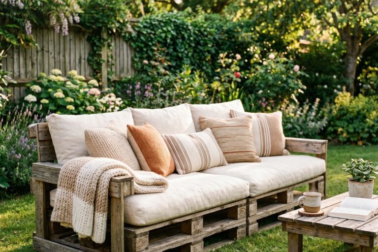 Gemütliches Palettensofa mit Kissen auf dem Rasen