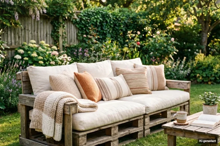 Gemütliches Palettensofa mit Kissen auf dem Rasen