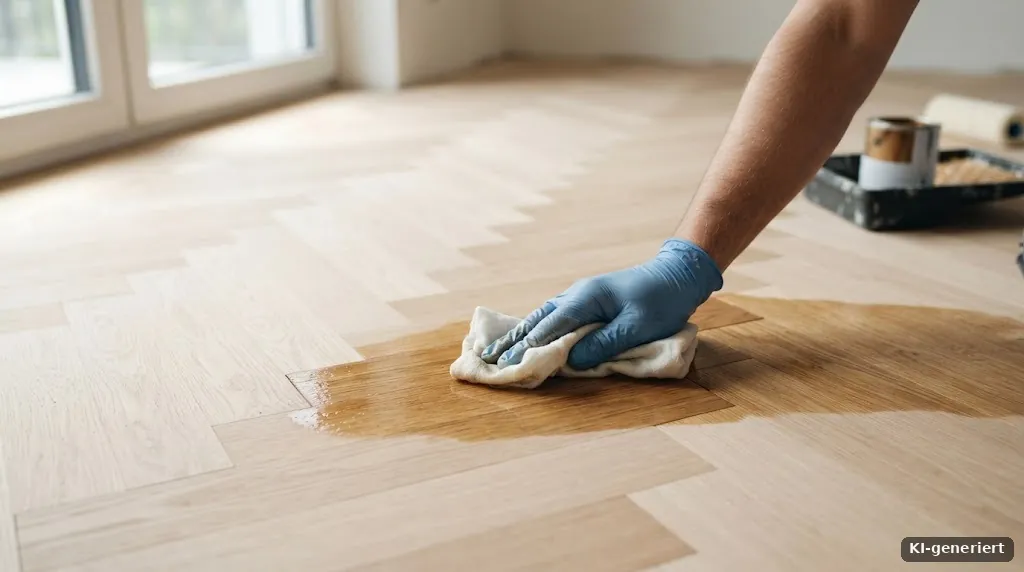 Hand trägt mit einem Tuch Hartwachsöl auf frisch geschliffenes Parkett auf