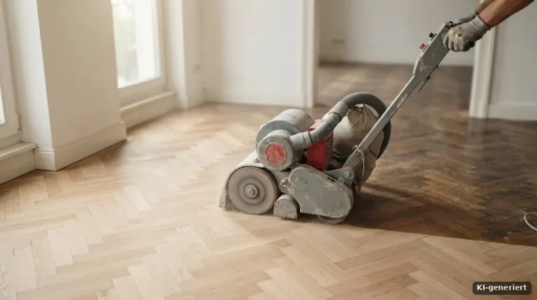 Parkettschleifmaschine auf einem halb abgeschliffenen Eichenparkett