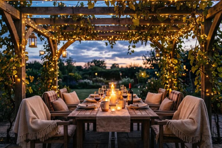 Holzpergola mit Lichterketten über einem gedeckten Tisch am Abend