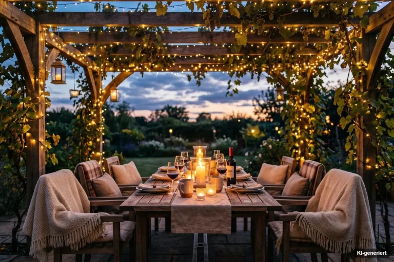 Holzpergola mit Lichterketten über einem gedeckten Tisch am Abend