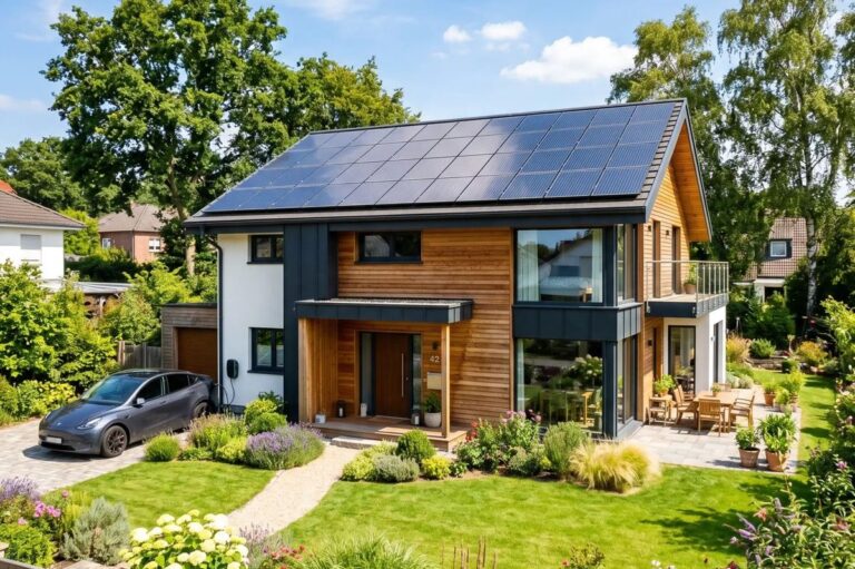 Modernes Einfamilienhaus mit Photovoltaikanlage auf dem Dach