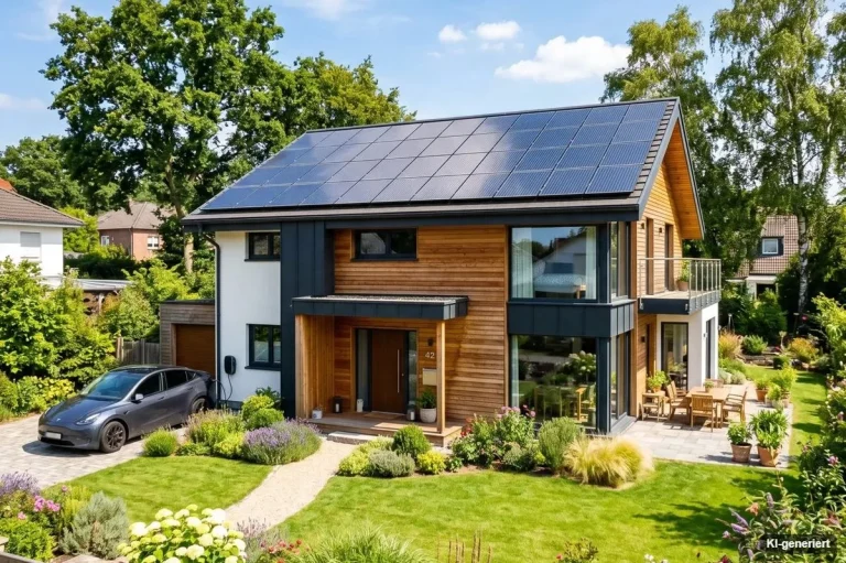 Modernes Einfamilienhaus mit Photovoltaikanlage auf dem Dach