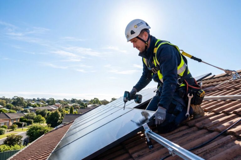 Fachkraft mit Sicherung montiert Solarmodule auf einem Dach