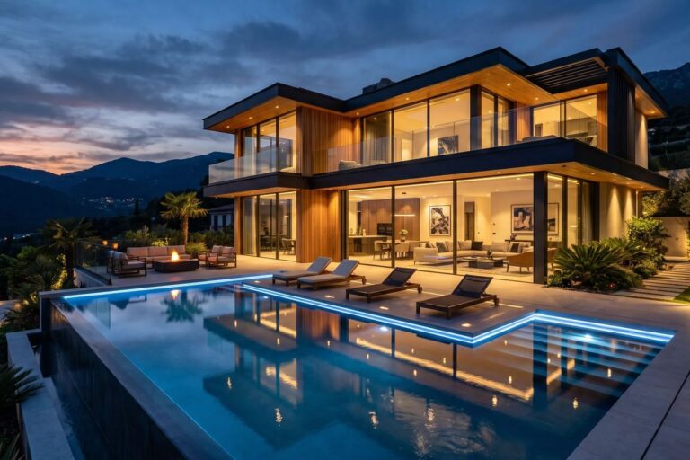 Modernes Haus mit beleuchtetem Pool in der Abenddämmerung