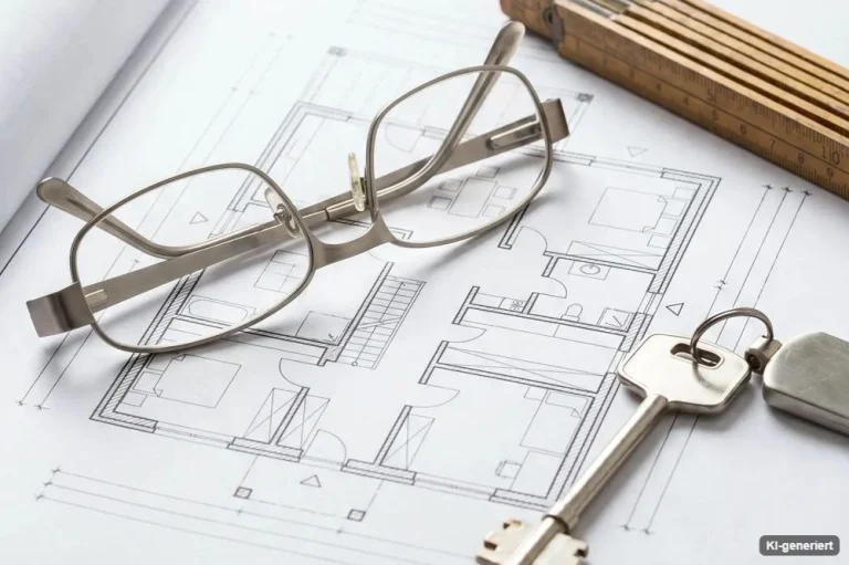 Grundriss mit Brille, Zollstock und Hausschlüssel