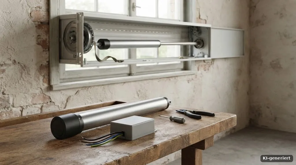 Rohrmotor und Funkempfänger auf einem Tisch neben einem geöffneten Rollladenkasten