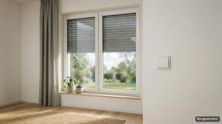 Fenster mit halb heruntergelassenem Rollladen und moderner Wandtaste daneben, Innenansicht