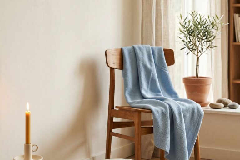 Ruhige Ecke mit Sitzkissen, Decke und Kerze