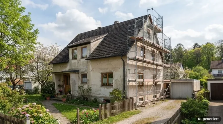 Älteres, leicht verwittertes Einfamilienhaus mit Baugerüst an einer Seite, Frühlingshimmel