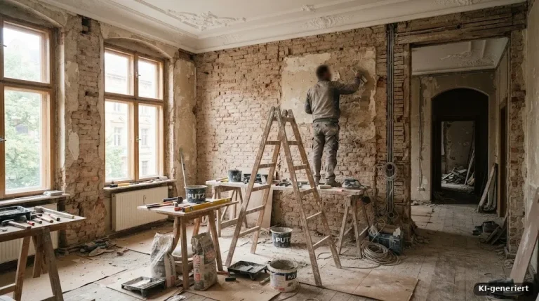 Altbau-Innenraum im Umbau mit freigelegten Wänden, Leiter und Werkzeug, helles Tageslicht