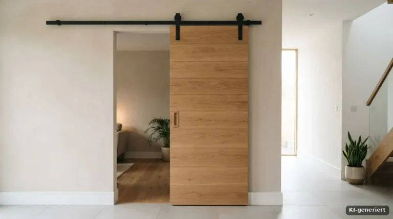 Moderne Holz-Schiebetür an einer Laufschiene vor der Wand in einem hellen Flur