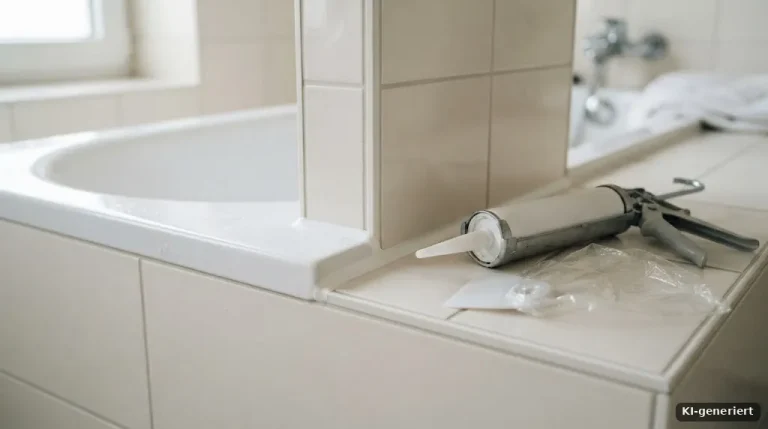 Neue saubere weiße Silikonfuge zwischen Badewanne und Fliesen, Kartuschenpistole daneben