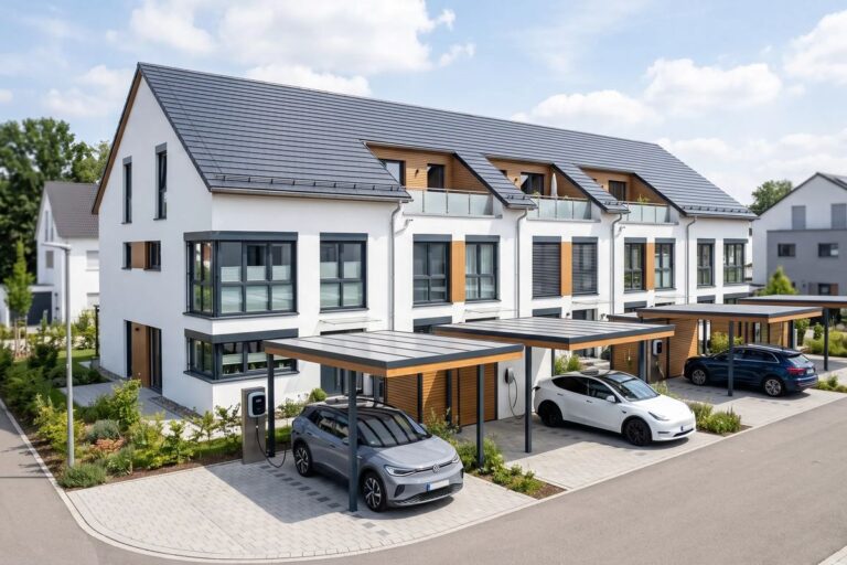 Moderne Reihenhäuser mit Carports und Ladestationen