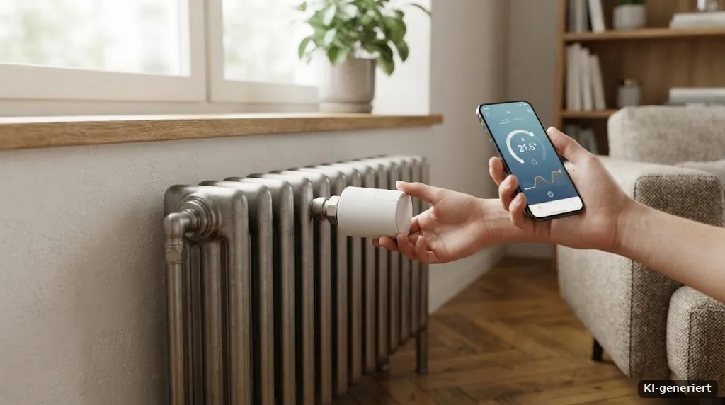 Smartes Heizkörperthermostat und Smartphone-App im Wohnzimmer