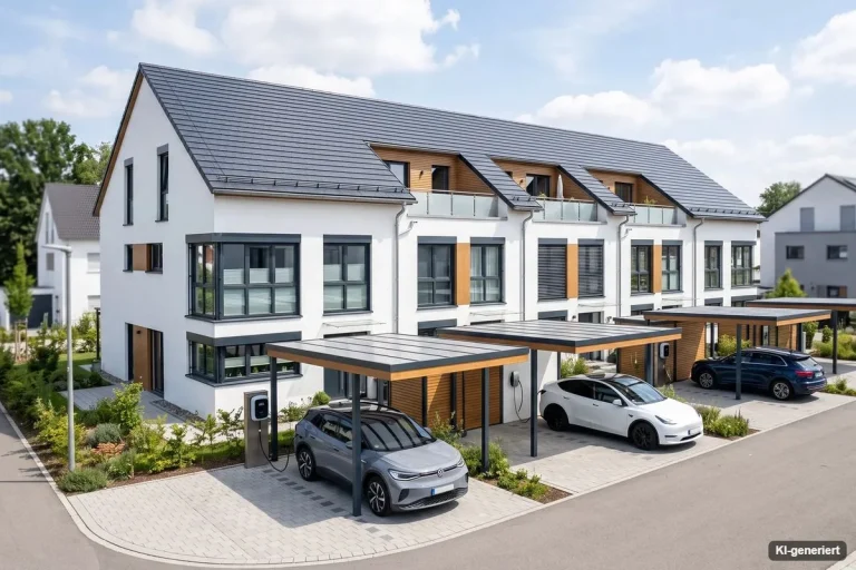 Moderne Reihenhäuser mit Carports und Ladestationen