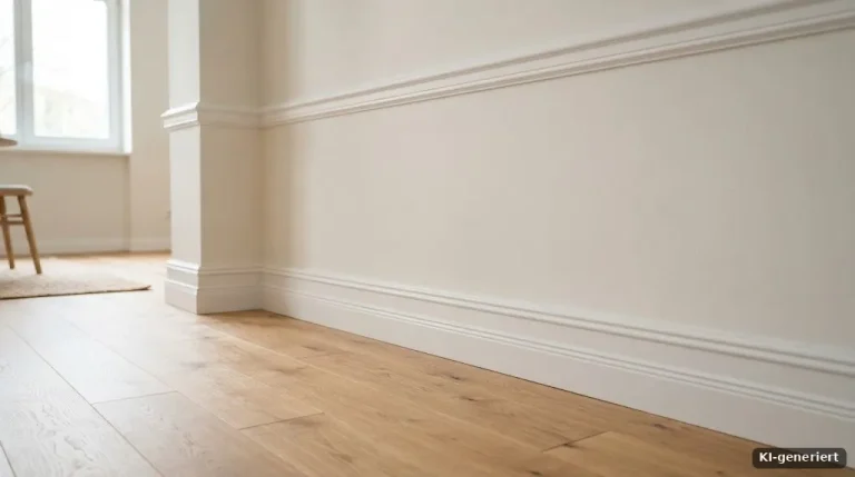 Weiße Sockelleiste und Stuckleiste an einer frisch gestrichenen Wand mit Parkettboden