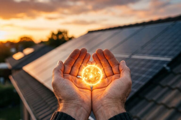 Hände halten ein leuchtendes Sonnenlicht über einem Solardach