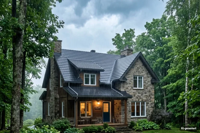 Steinhaus unter dunklen Regenwolken