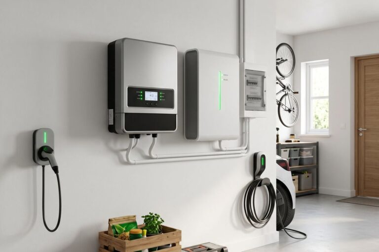 Wechselrichter, Batteriespeicher und Wallbox an einer Hauswand
