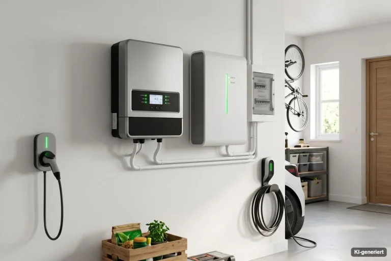 Wechselrichter, Batteriespeicher und Wallbox an einer Hauswand