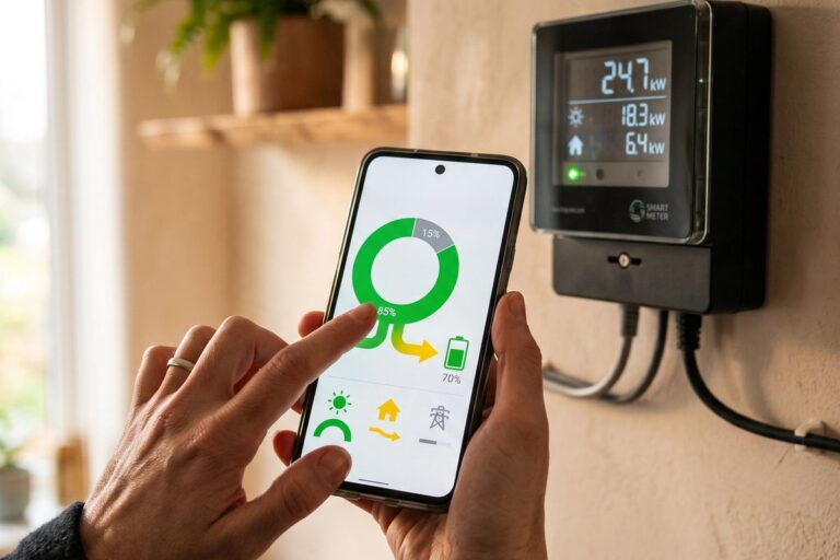 Hand mit Smartphone-App vor einem digitalen Stromzähler